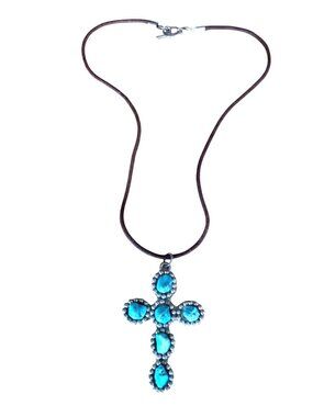 Vintage Necklace Turquoise Cross Pendant Western Bohemian Leather Cord 16 inches